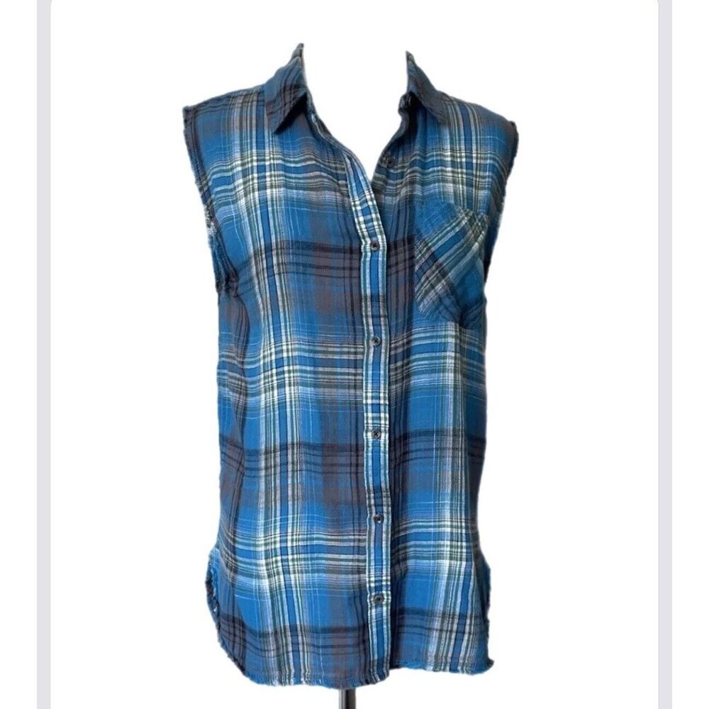 Treasure & Bond Nordstrom Top Raw Hem Sleeveless Plaid Button Up Blouse XS Shirt